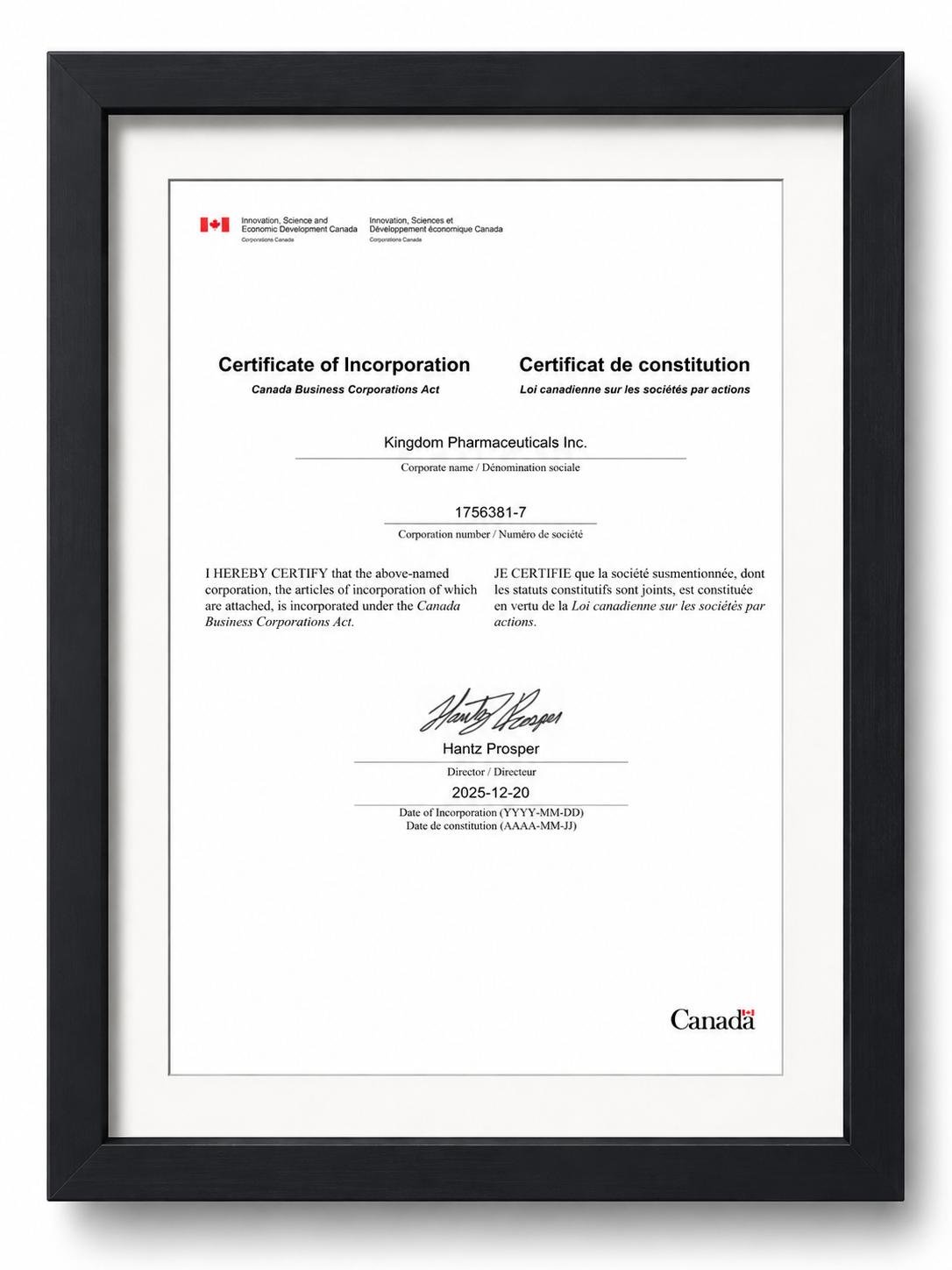 Certificate of Incorporation (Canada)
